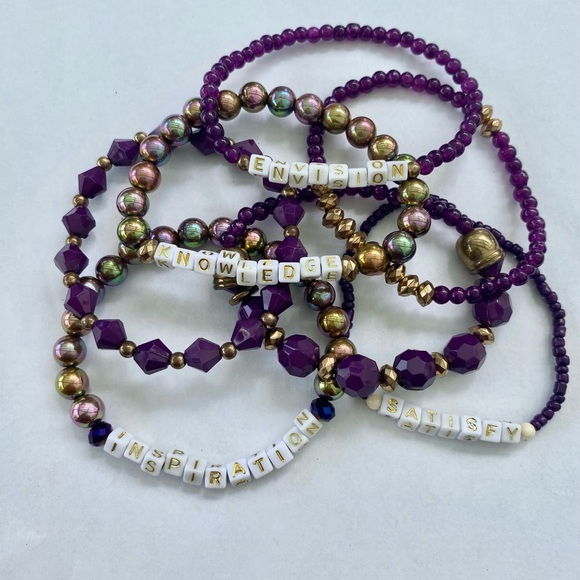 purple wood words 7 set bracelet stretch stacking layered gold luxury bundle lot - Picture 7 of 7